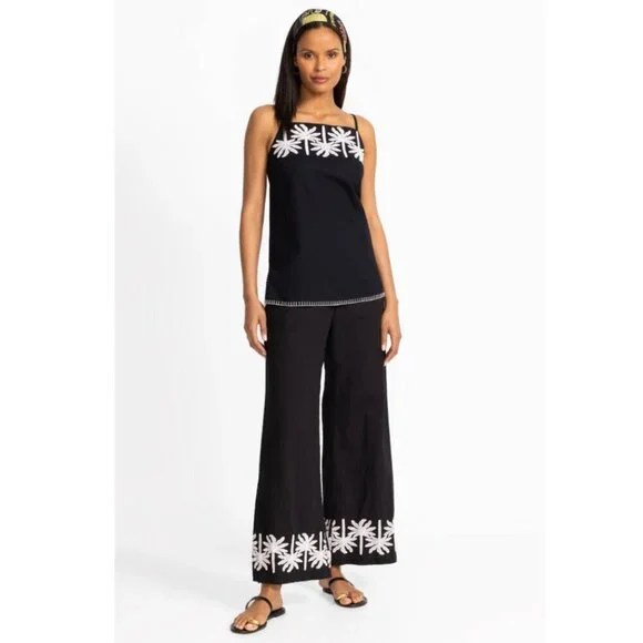 Johnny Was Workshop Hannah Black Palm Tree Embroidered Wide Leg Pants S NWT - Picture 2 of 9
